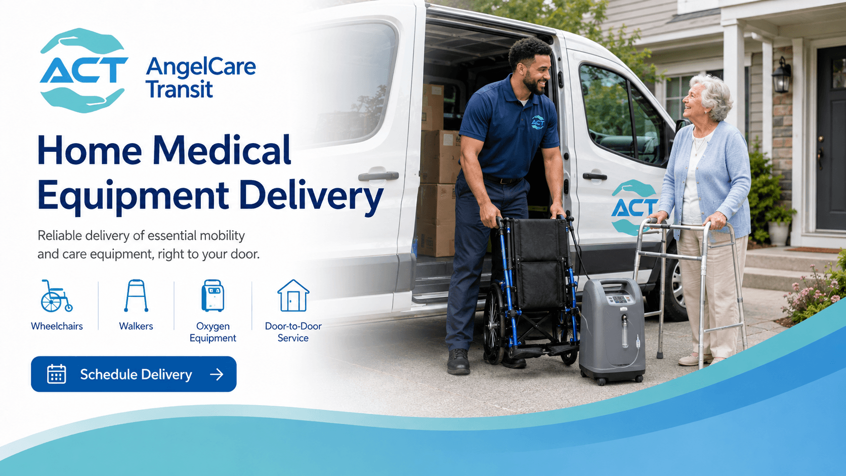 An AngelCare Transit driver delivering a wheelchair and oxygen equipment to a passenger's home