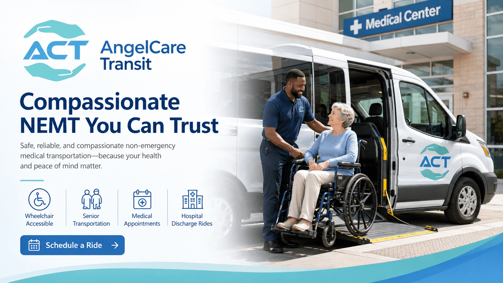 An AngelCare Transit driver helping a passenger who uses a wheelchair board a wheelchair-accessible van outside a medical center