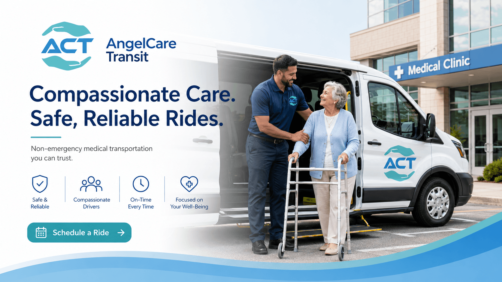 An AngelCare Transit driver assisting a passenger using a walker into a van