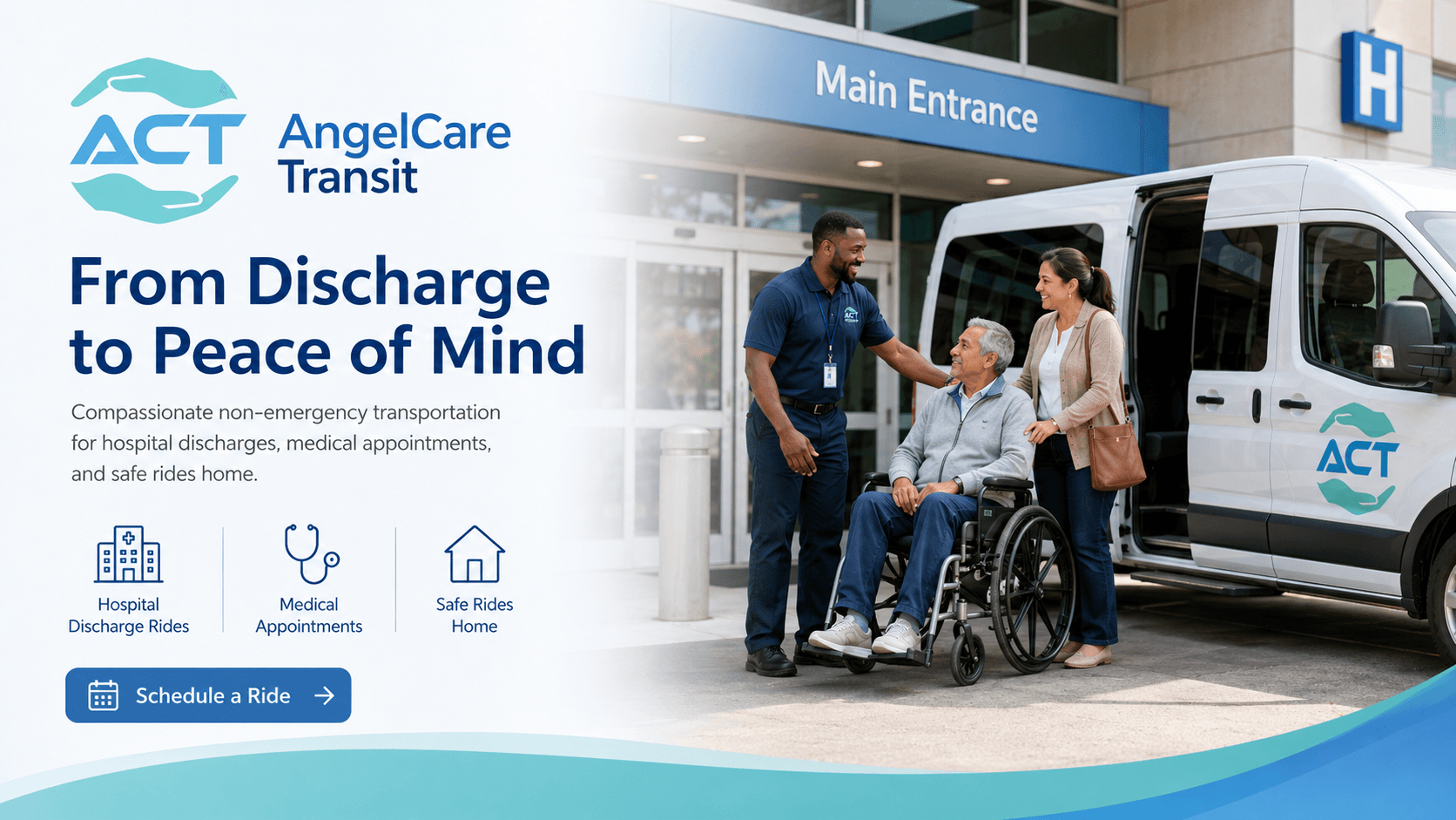 An AngelCare Transit driver greeting a passenger and family member outside a hospital's main entrance for a discharge ride home