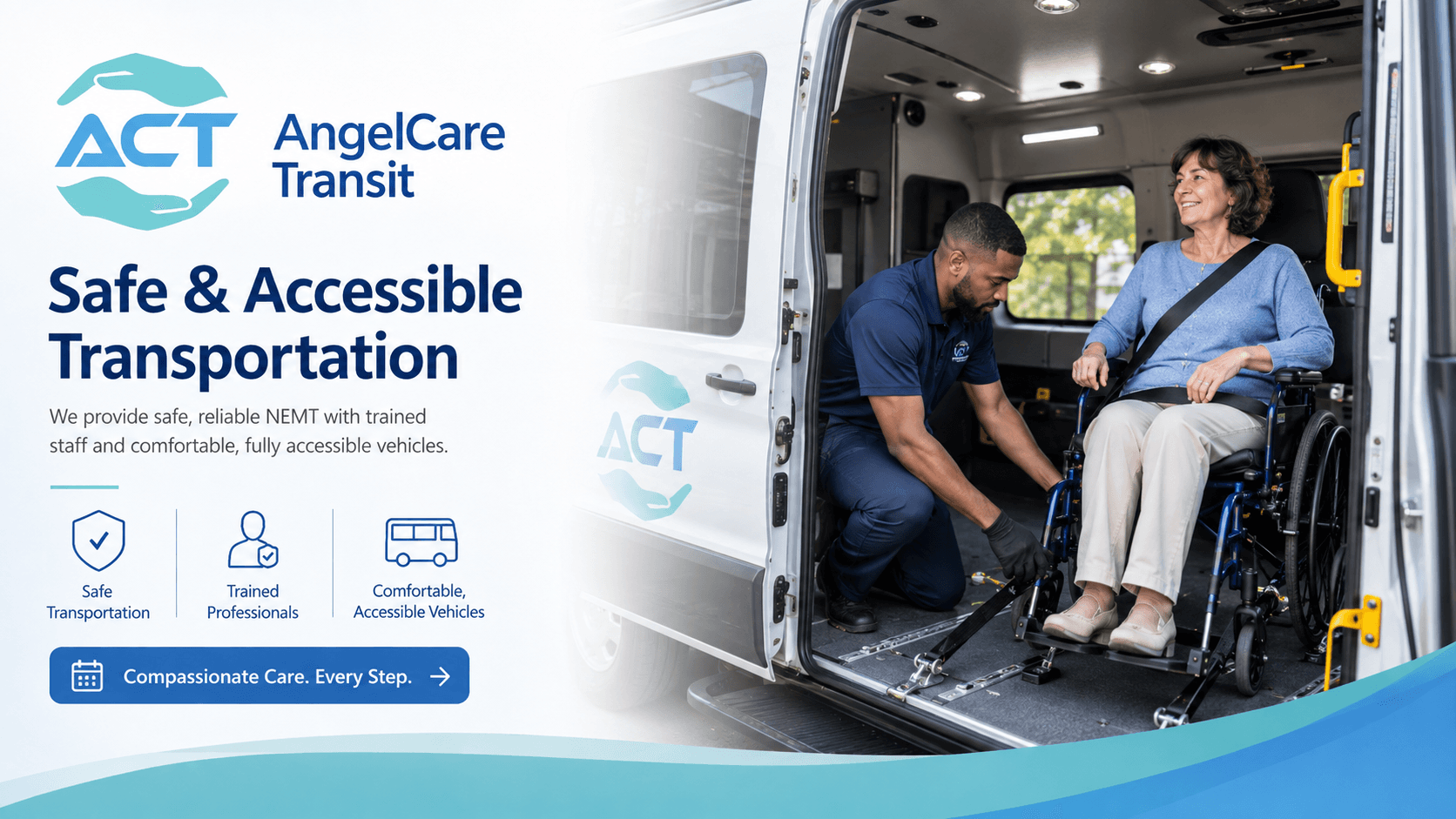 An AngelCare Transit driver securing a passenger's wheelchair inside a van